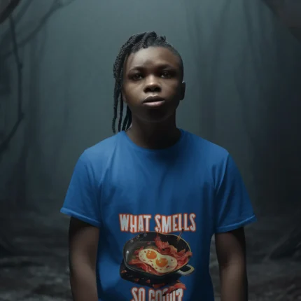 A young boy wearing a soft "What Smells So Good?" t-shirt, smiling and looking carefree.