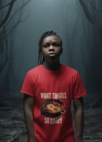 A young boy wearing a soft "What Smells So Good?" t-shirt, smiling and looking carefree.