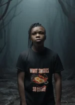 A young boy wearing a soft "What Smells So Good?" t-shirt, smiling and looking carefree.