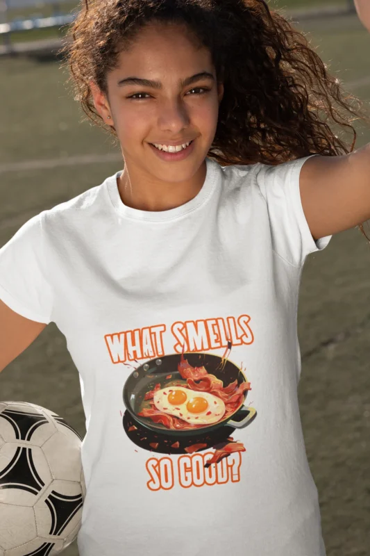 Girl wearing 'What's Smells So Good?' t-shirt with trendy design