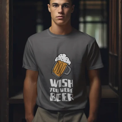 Man wearing a Wish You Were a Beer T-Shirt for men, showing a humorous graphic design.