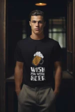 Man wearing a Wish You Were a Beer T-Shirt for men, showing a humorous graphic design.