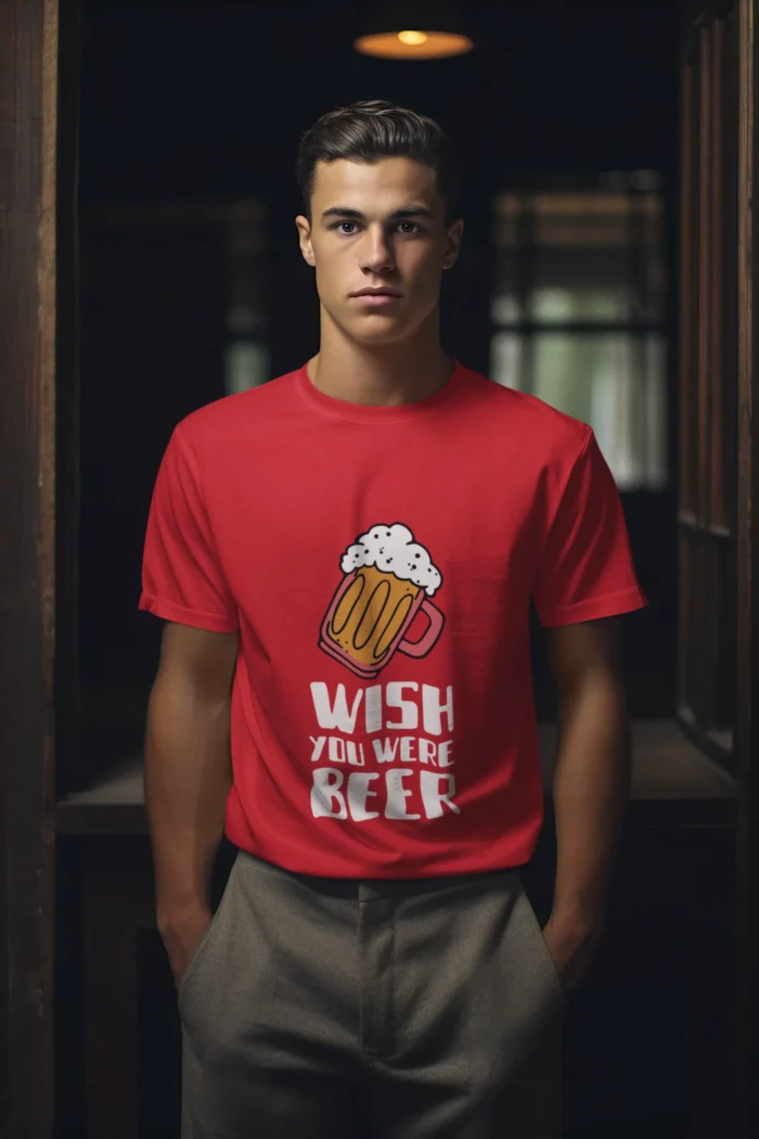 Man wearing a Wish You Were a Beer T-Shirt for men, showing a humorous graphic design.