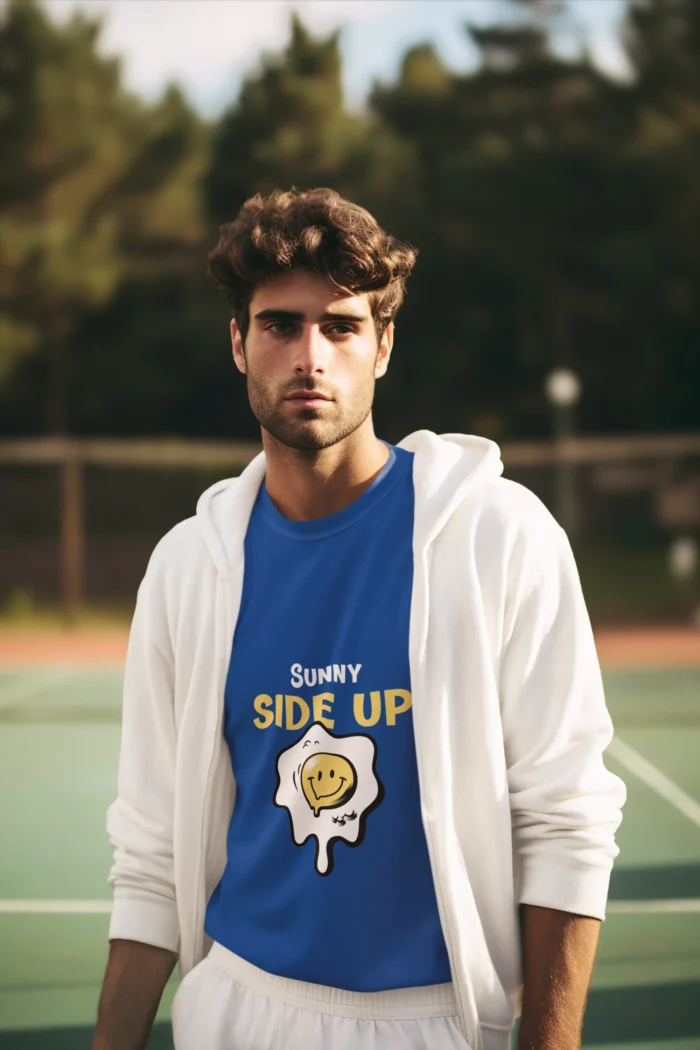 Man wearing a Sunny Side Up T-Shirt with a playful sunny-side-up design.