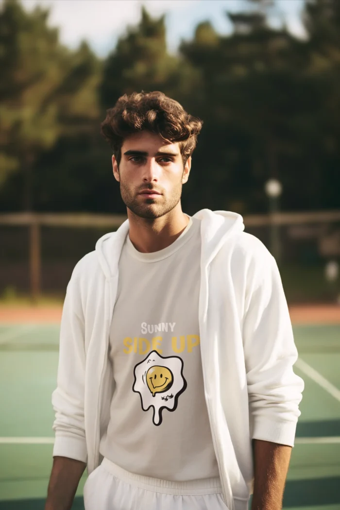 Man wearing a Sunny Side Up T-Shirt with a playful sunny-side-up design.