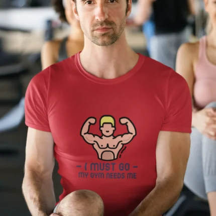"I Must Go GYM" t-shirt for men in breathable cotton, perfect for workouts and casual wear.