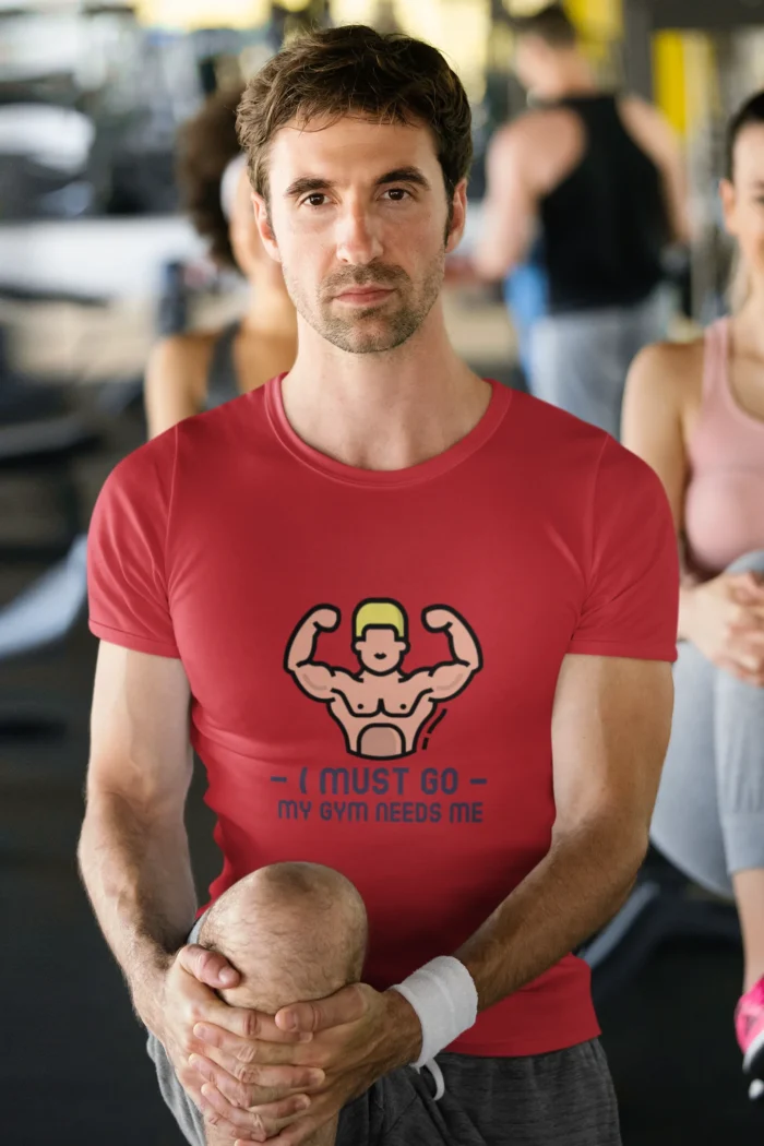 "I Must Go GYM" t-shirt for men in breathable cotton, perfect for workouts and casual wear.