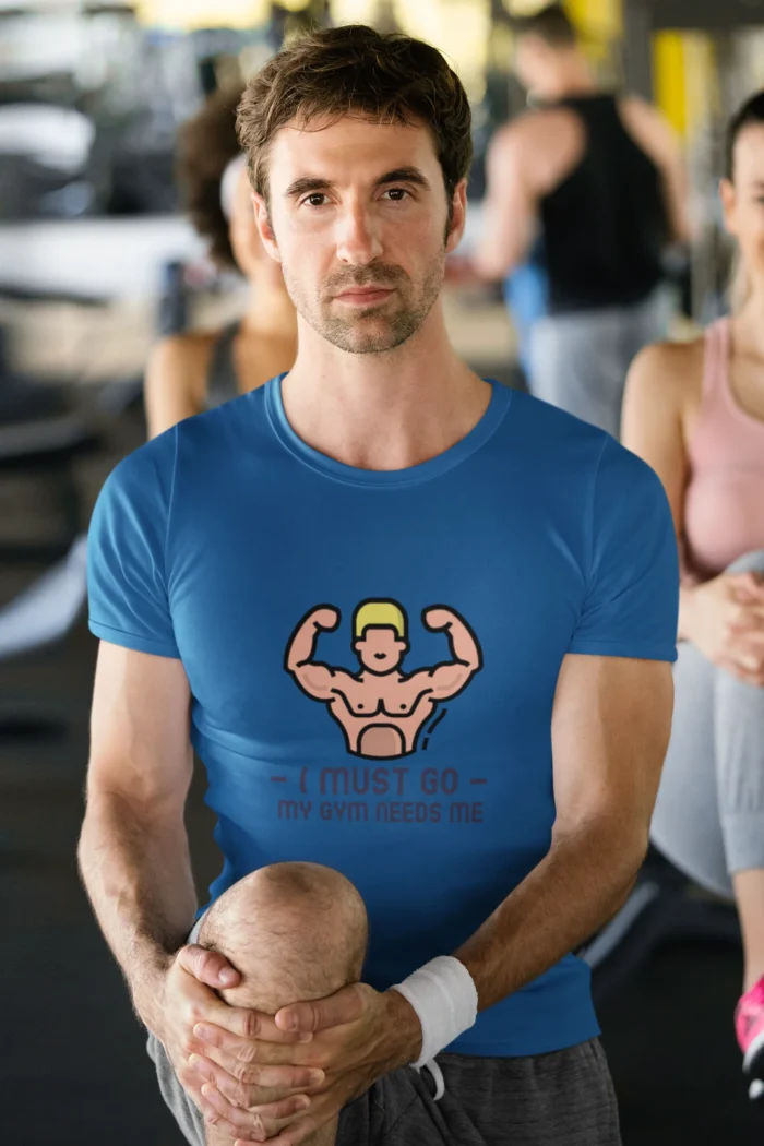 "I Must Go GYM" t-shirt for men in breathable cotton, perfect for workouts and casual wear.