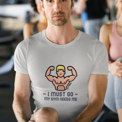 "I Must Go GYM" t-shirt for men in breathable cotton, perfect for workouts and casual wear.