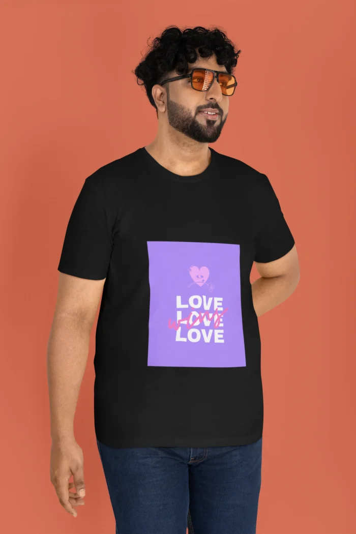 Men's t-shirt with 'Love Love Love Wins' design, featuring bold typography on a soft cotton fabric