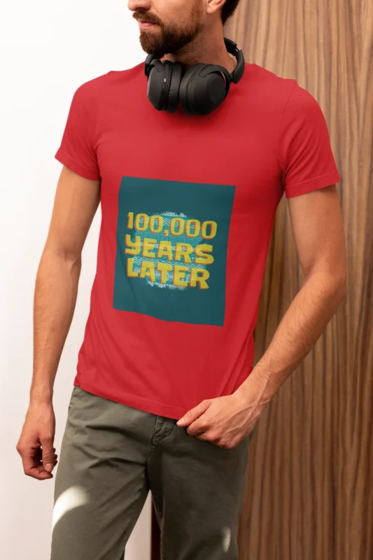 Men’s 100,000 Years Meme T-Shirt with a humorous design printed on a classic fit shirt