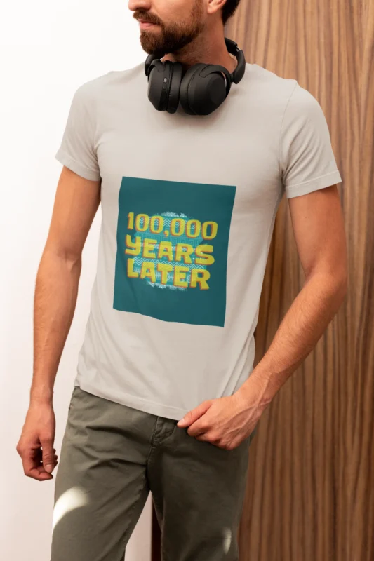 Men’s 100,000 Years Meme T-Shirt with a humorous design printed on a classic fit shirt