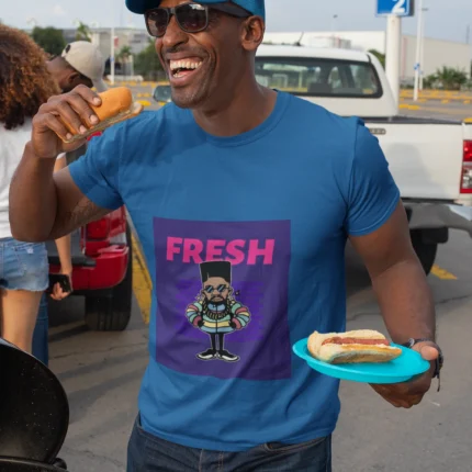 A stylish man wearing a Fresh Character T-Shirt featuring a unique design, perfect for a casual yet trendy look.