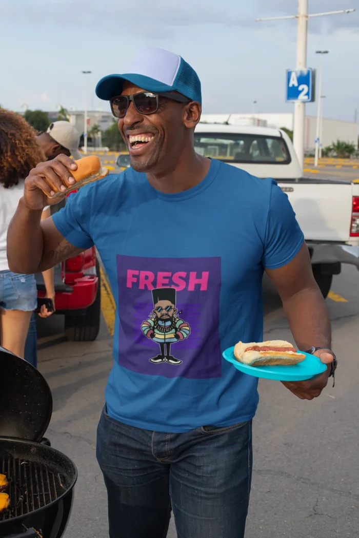 A stylish man wearing a Fresh Character T-Shirt featuring a unique design, perfect for a casual yet trendy look.