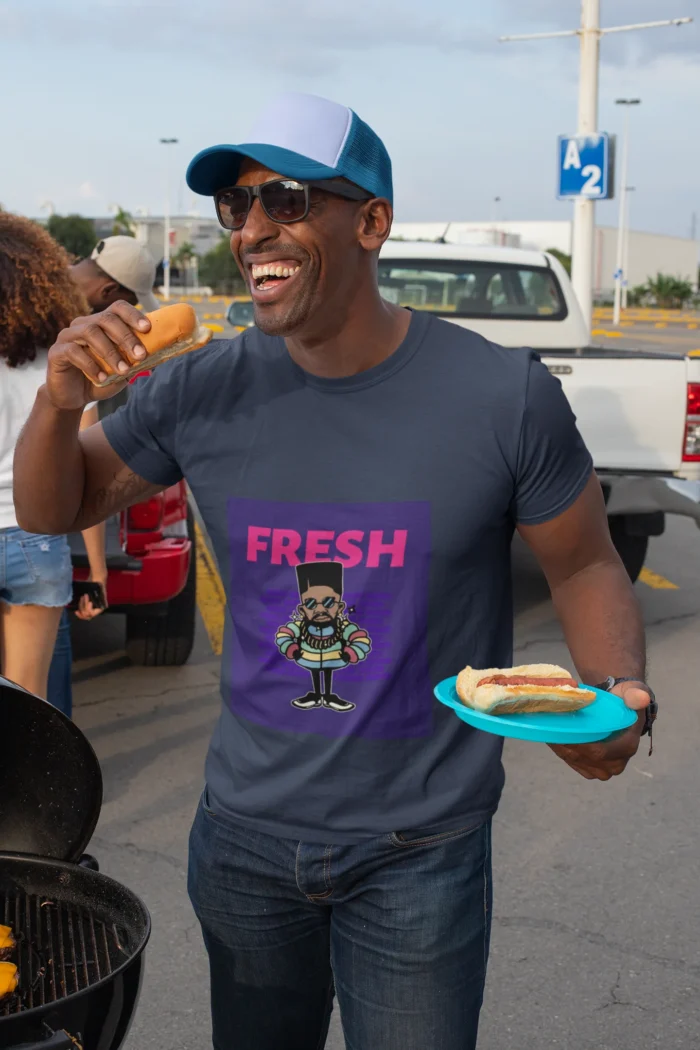 A stylish man wearing a Fresh Character T-Shirt featuring a unique design, perfect for a casual yet trendy look.