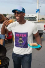 A stylish man wearing a Fresh Character T-Shirt featuring a unique design, perfect for a casual yet trendy look.