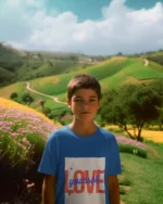 Boy wearing a "Love Yourself" t-shirt, featuring a bold and empowering design