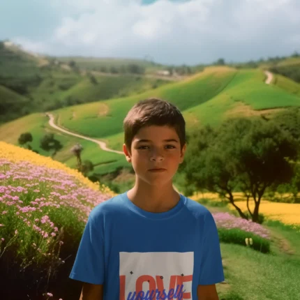 Boy wearing a "Love Yourself" t-shirt, featuring a bold and empowering design