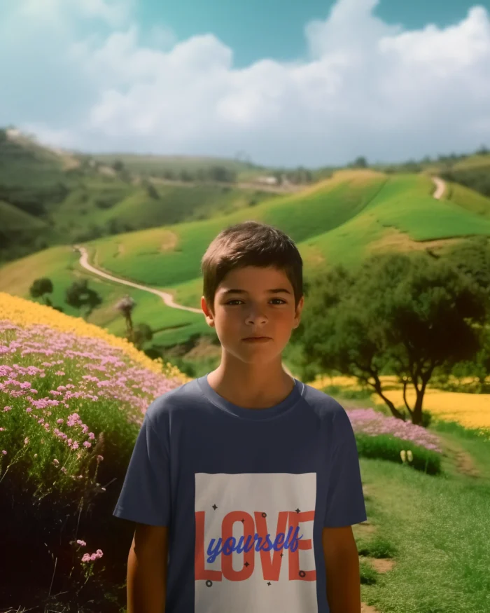 Boy wearing a "Love Yourself" t-shirt, featuring a bold and empowering design