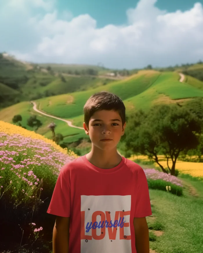 Boy wearing a "Love Yourself" t-shirt, featuring a bold and empowering design