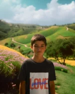 Boy wearing a "Love Yourself" t-shirt, featuring a bold and empowering design