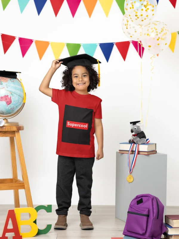 A boy wearing a trendy Supercool t-shirt, showcasing the vibrant design and comfortable fit.