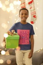 Boys wearing a "All You Need is Love" t-shirt, featuring colorful text on a soft cotton fabric.