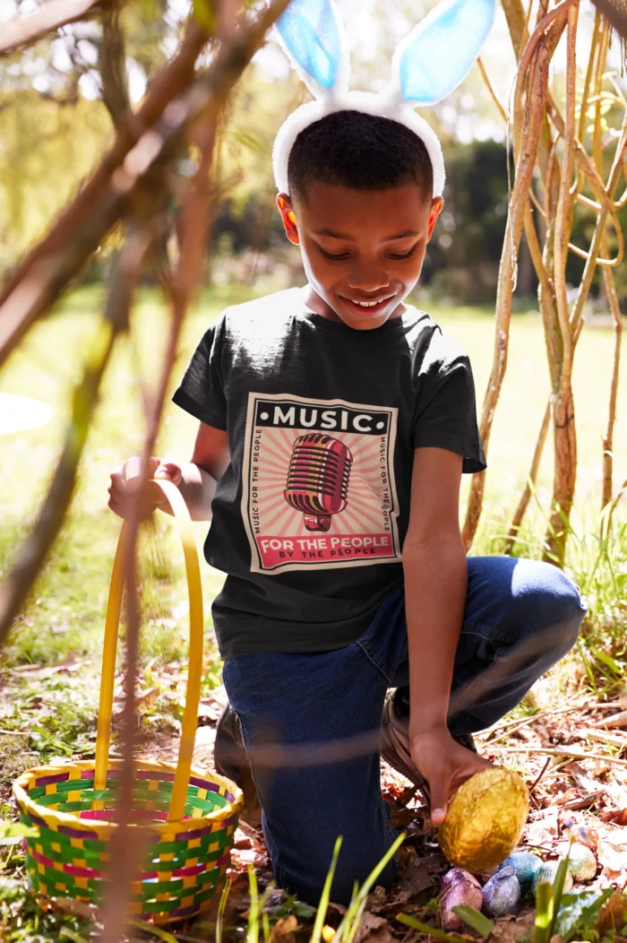 Boys' music-themed t-shirt featuring 'For the People, By the People' design in bold colors