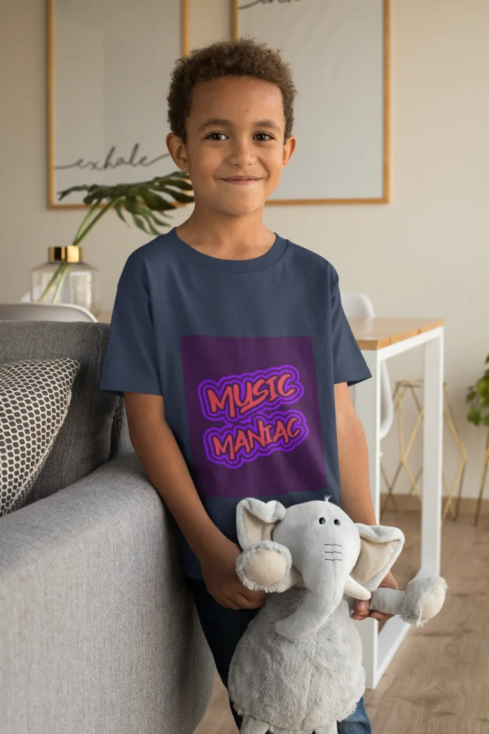 Boys' "Music Maniac" t-shirt with bold graphic design featuring musical notes and instruments.