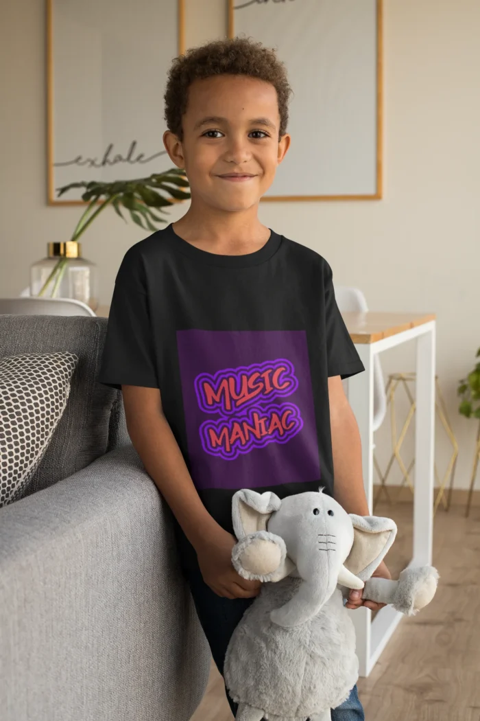 Boys' "Music Maniac" t-shirt with bold graphic design featuring musical notes and instruments.