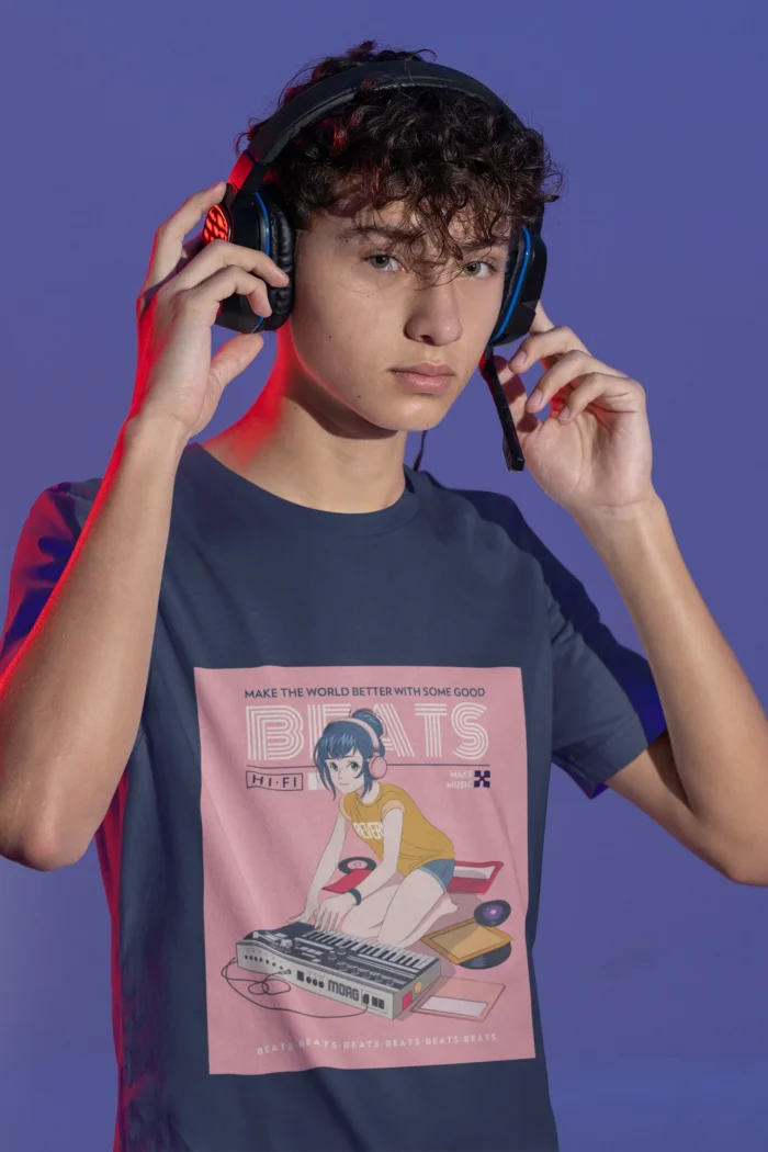 A stylish boys' t-shirt featuring a vibrant "Music Good Beats" graphic design, perfect for young music enthusiasts.