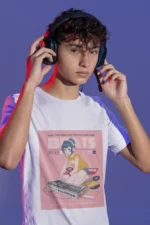 A stylish boys' t-shirt featuring a vibrant "Music Good Beats" graphic design, perfect for young music enthusiasts.