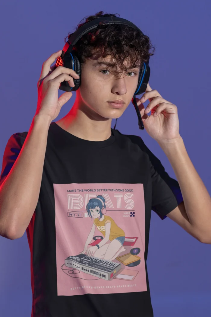 A stylish boys' t-shirt featuring a vibrant "Music Good Beats" graphic design, perfect for young music enthusiasts.