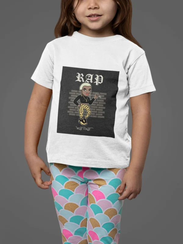 Girl wearing a trendy Rap West Coast t-shirt with bold graphics.