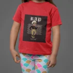 Girl wearing a trendy Rap West Coast t-shirt with bold graphics.