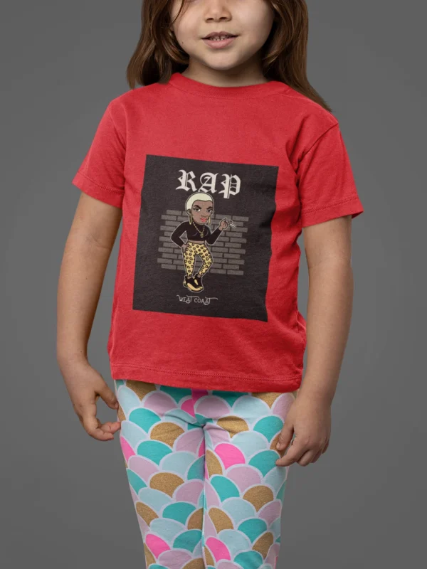 Girl wearing a trendy Rap West Coast t-shirt with bold graphics.