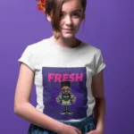 Stylish girl wearing a "Fresh Character" t-shirt with a vibrant, playful design