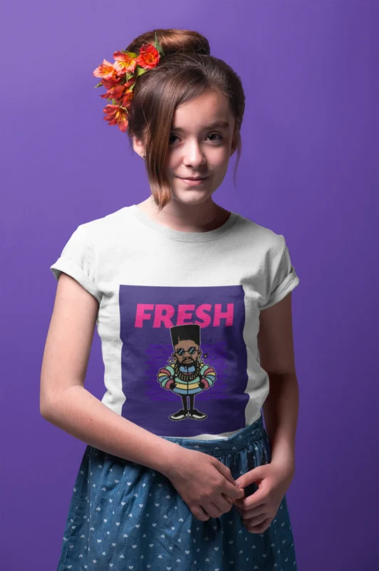 Stylish girl wearing a "Fresh Character" t-shirt with a vibrant, playful design