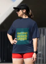 100,000 Years Later meme t-shirt for women featuring a humorous graphic in a comfortable, casual fit.