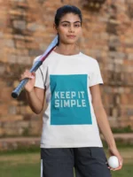 Women's "Keep It Simple" t-shirt in white, showcasing a minimalist design with elegant lettering.