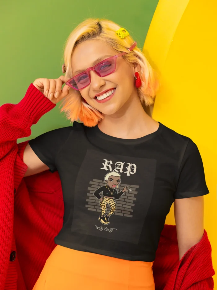 Women's West Coast Rap T-Shirt featuring bold design, perfect for hip-hop enthusiasts.