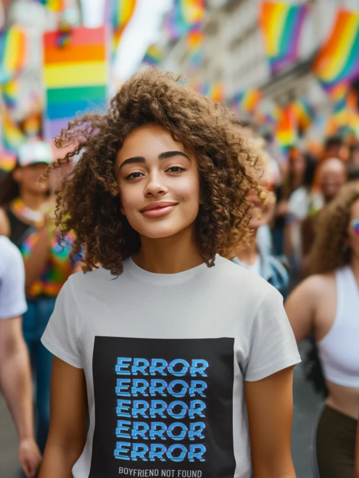 Women's "Error Boyfriend Not Found" t-shirt in black with white text, styled for casual wear