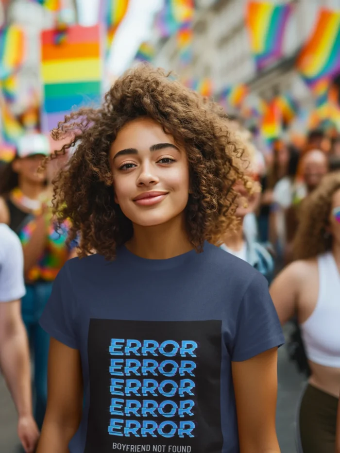 Women's "Error Boyfriend Not Found" t-shirt in black with white text, styled for casual wear