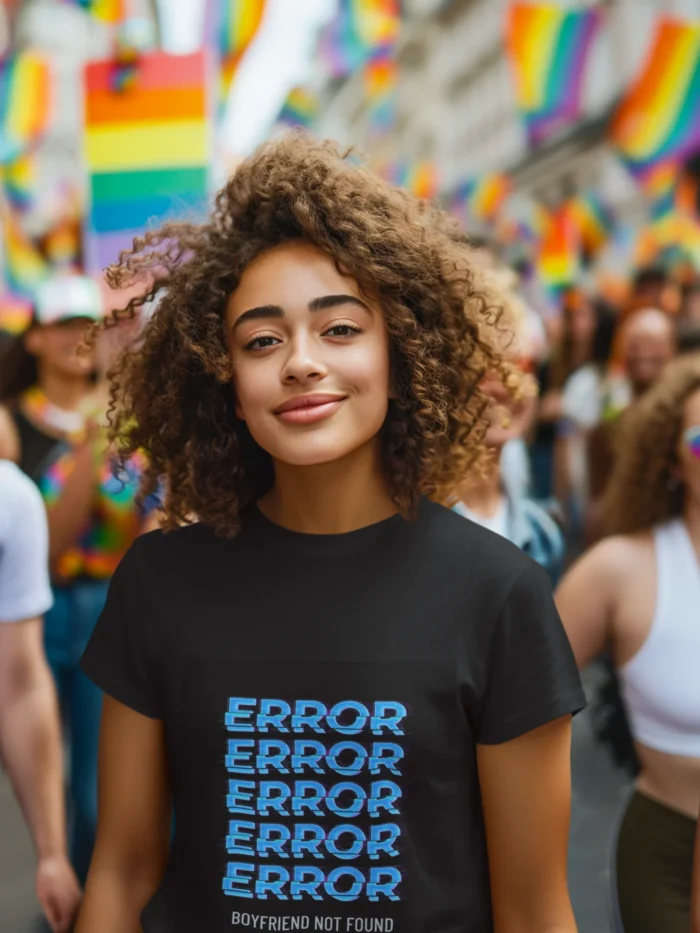 Women's "Error Boyfriend Not Found" t-shirt in black with white text, styled for casual wear