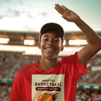 Boy wearing a blue practice basketball t-shirt, dribbling a basketball on an outdoor court.