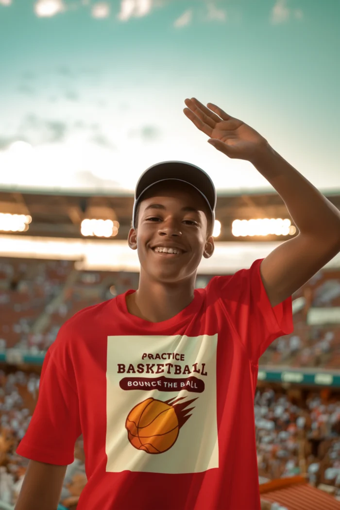 Boy wearing a blue practice basketball t-shirt, dribbling a basketball on an outdoor court.