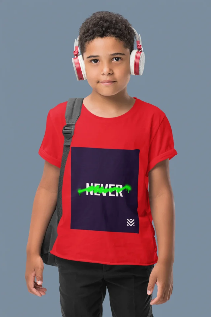 Boys' "Never Text ART" t-shirt featuring bold, artistic graphic design on soft cotton fabric