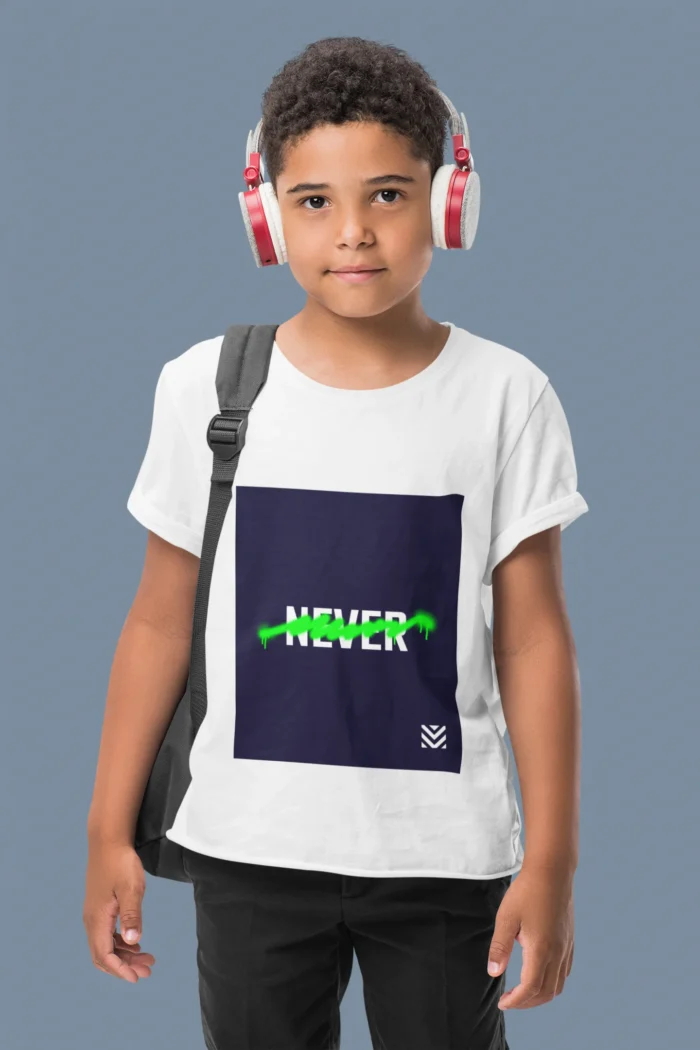 Boys' "Never Text ART" t-shirt featuring bold, artistic graphic design on soft cotton fabric