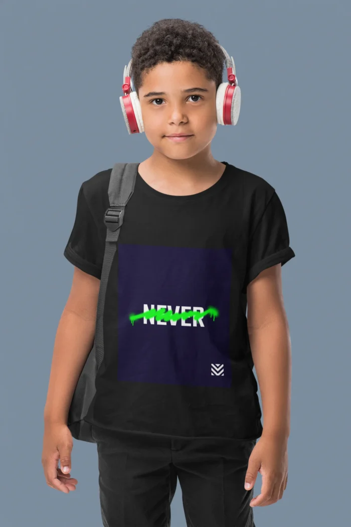 Boys' "Never Text ART" t-shirt featuring bold, artistic graphic design on soft cotton fabric