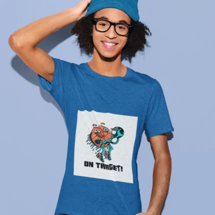 Boys' Basketball on Target t-shirt with graphic of a basketball shooting towards a hoop.